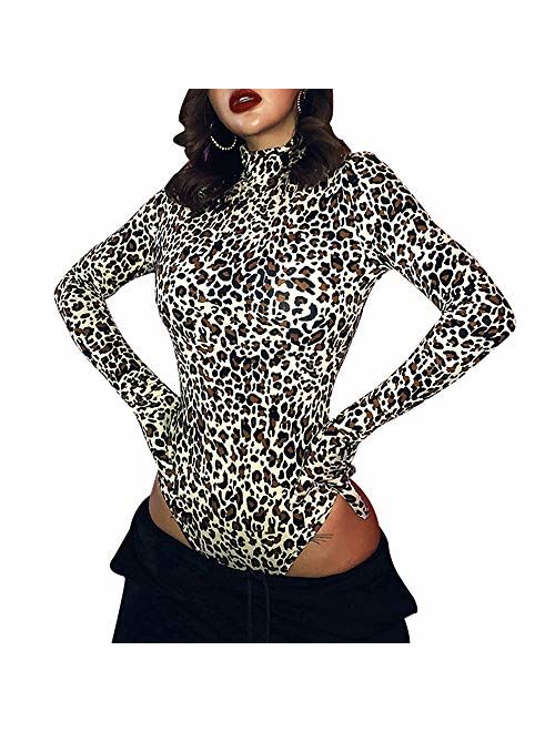 LuFeng Women's Long Sleeve High Neck Tigerskin Snakeskin Leopard Print Midi Bodycon Dress Party Club Dress