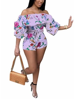 Deloreva Women Sexy One Piece Romper Outfits Pull Sleeve Floral Print Off Shoulder Short Jumpsuit Pants Set