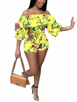 Deloreva Women Sexy One Piece Romper Outfits Pull Sleeve Floral Print Off Shoulder Short Jumpsuit Pants Set