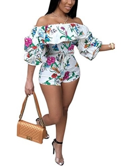 Deloreva Women Sexy One Piece Romper Outfits Pull Sleeve Floral Print Off Shoulder Short Jumpsuit Pants Set