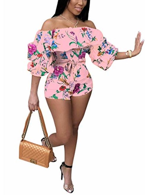 Deloreva Women Sexy One Piece Romper Outfits Pull Sleeve Floral Print Off Shoulder Short Jumpsuit Pants Set