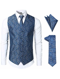JOGAL Men's 3pc Paisley Vest Necktie Pocket Square Set for Suit or Tuxedo