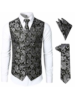 JOGAL Men's 3pc Paisley Vest Necktie Pocket Square Set for Suit or Tuxedo