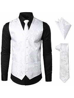 JOGAL Men's 3pc Paisley Vest Necktie Pocket Square Set for Suit or Tuxedo