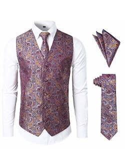 JOGAL Men's 3pc Paisley Vest Necktie Pocket Square Set for Suit or Tuxedo