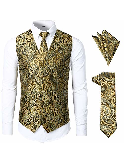 JOGAL Men's 3pc Paisley Vest Necktie Pocket Square Set for Suit or Tuxedo