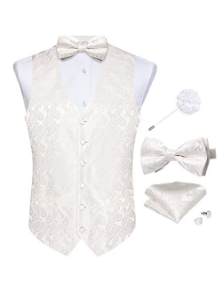 DiBanGu Men's Paisley Waistcoat and Necktie Pocket Square Cufflink Vest Suit Set for Tuxedo