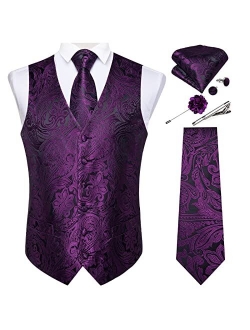 DiBanGu Men's Paisley Waistcoat and Necktie Pocket Square Cufflink Vest Suit Set for Tuxedo