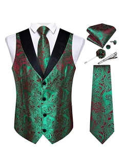 DiBanGu Men's Paisley Waistcoat and Necktie Pocket Square Cufflink Vest Suit Set for Tuxedo