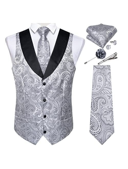 DiBanGu Men's Paisley Waistcoat and Necktie Pocket Square Cufflink Vest Suit Set for Tuxedo