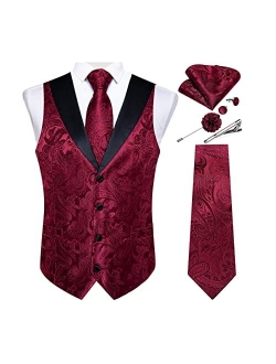 DiBanGu Men's Paisley Waistcoat and Necktie Pocket Square Cufflink Vest Suit Set for Tuxedo