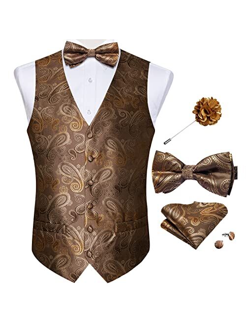 DiBanGu Men's Paisley Waistcoat and Necktie Pocket Square Cufflink Vest Suit Set for Tuxedo