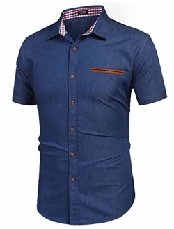 Men's Casual Short Sleeve Button Down Dress Shirt Denim Work Shirts