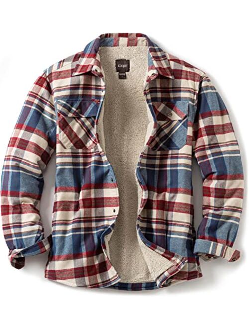 CQR Men's Long Sleeved Sherpa Lined Brushed Flannel Rugged Plaid Shirt Jacket