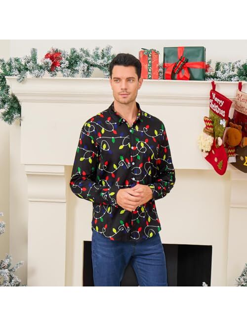 Loveternal Mens Christmas Long Sleeve Button Down Shirt Casual Slim Fit Dress Halloween Shirts