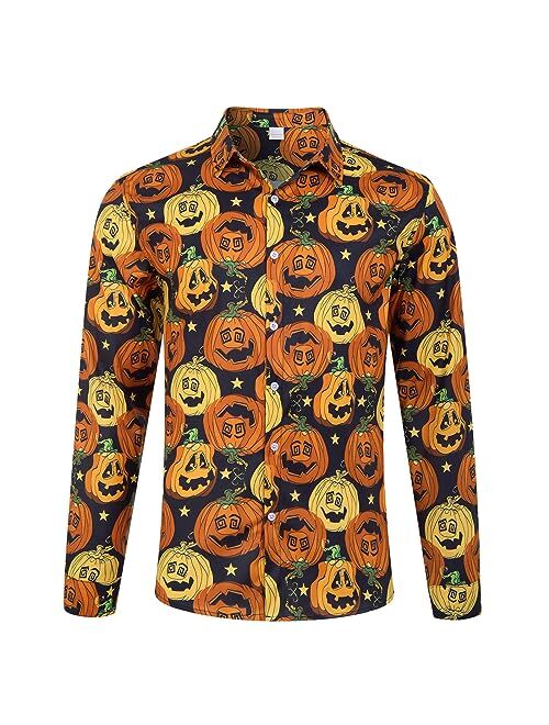 Loveternal Mens Christmas Long Sleeve Button Down Shirt Casual Slim Fit Dress Halloween Shirts