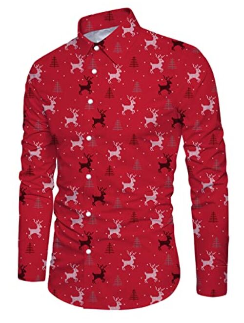 Loveternal Mens Christmas Long Sleeve Button Down Shirt Casual Slim Fit Dress Halloween Shirts