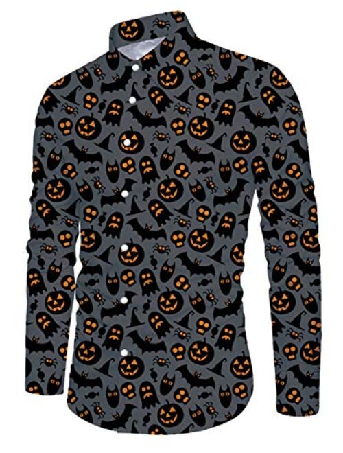 Loveternal Mens Christmas Long Sleeve Button Down Shirt Casual Slim Fit Dress Halloween Shirts