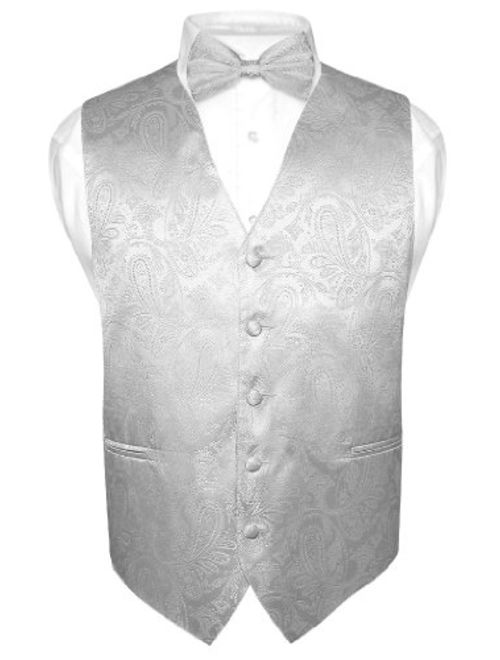 Men's Paisley Design Dress Vest & Bow Tie Silver Grey Color Bowtie Set