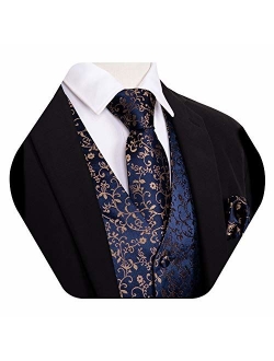 YOHOWA Mens Formal Suit Vest Paisley Waistcoat with Necktie Pocket Square Cufflinks or Bow Tie