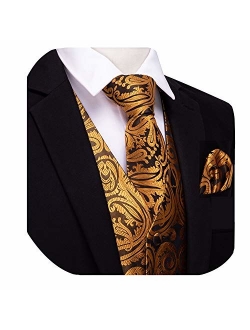 YOHOWA Mens Formal Suit Vest Paisley Waistcoat with Necktie Pocket Square Cufflinks or Bow Tie