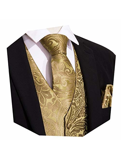 YOHOWA Mens Formal Suit Vest Paisley Waistcoat with Necktie Pocket Square Cufflinks or Bow Tie