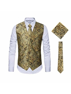 MAGE MALE Men's 3pc Paisley Vest Floral Jacquard Vest Waistcoat Necktie Pocket Square Set for Suit or Tuxedo