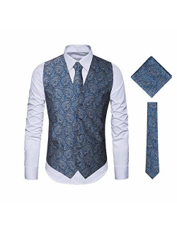 MAGE MALE Men's 3pc Paisley Vest Floral Jacquard Vest Waistcoat Necktie Pocket Square Set for Suit or Tuxedo