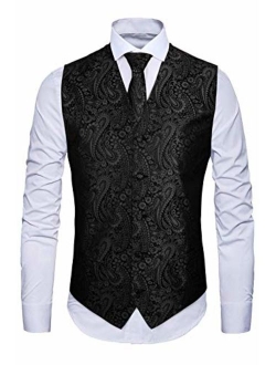 MAGE MALE Men's 3pc Paisley Vest Floral Jacquard Vest Waistcoat Necktie Pocket Square Set for Suit or Tuxedo