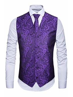 MAGE MALE Men's 3pc Paisley Vest Floral Jacquard Vest Waistcoat Necktie Pocket Square Set for Suit or Tuxedo