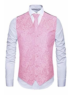 MAGE MALE Men's 3pc Paisley Vest Floral Jacquard Vest Waistcoat Necktie Pocket Square Set for Suit or Tuxedo