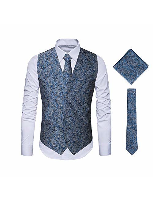 MAGE MALE Men's 3pc Paisley Vest Floral Jacquard Vest Waistcoat Necktie Pocket Square Set for Suit or Tuxedo