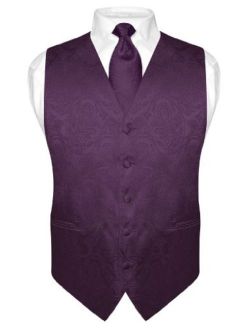 Men's Paisley Design Dress Vest & Necktie Dark Purple Color Neck Tie Set