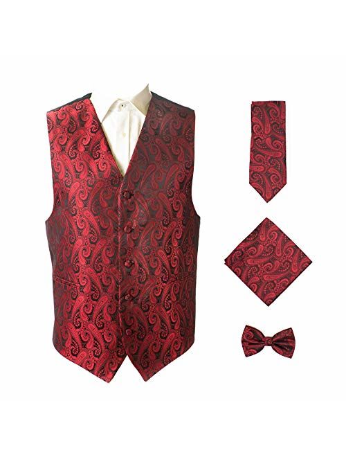 Oliver George 4pc Paisley Vest Set,Vest,Necktie, Bow-Tie, Handkerchief Set