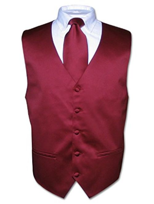 Men's Dress Vest & Necktie Solid Burgundy Color Neck Tie Set for Suit or Tuxedo