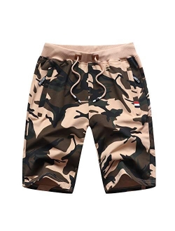 Big Boy's Casual Shorts Summer Cotton Classic Fit Elastic Waist Shorts with Zipper Pockets