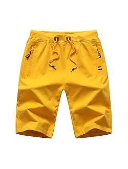 Big Boy's Casual Shorts Summer Cotton Classic Fit Elastic Waist Shorts with Zipper Pockets