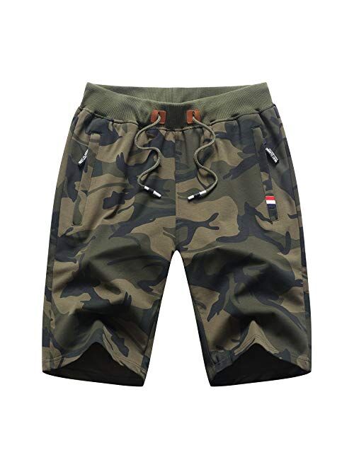 Big Boy's Casual Shorts Summer Cotton Classic Fit Elastic Waist Shorts with Zipper Pockets