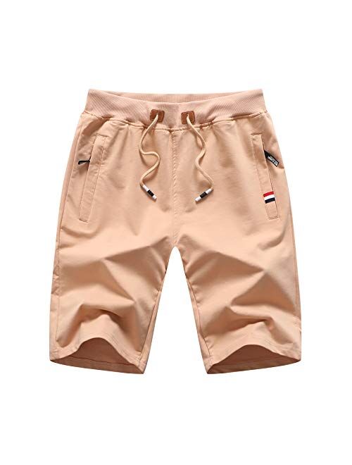 Big Boy's Casual Shorts Summer Cotton Classic Fit Elastic Waist Shorts with Zipper Pockets