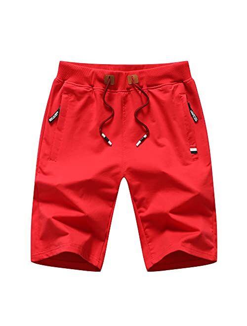 Big Boy's Casual Shorts Summer Cotton Classic Fit Elastic Waist Shorts with Zipper Pockets