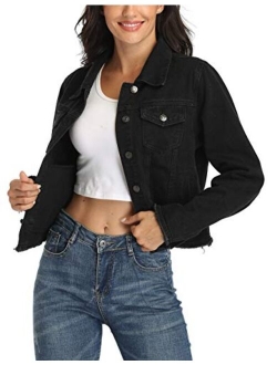 MISS MOLY Womens Cropped Denim Jacket Frayed Washed Button Up Casual Jean Jacket Vest w 2 Side Pockets