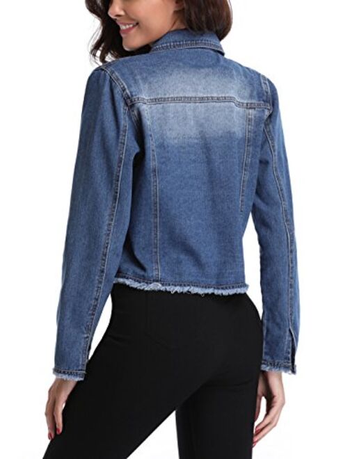 MISS MOLY Womens Cropped Denim Jacket Frayed Washed Button Up Casual Jean Jacket Vest w 2 Side Pockets