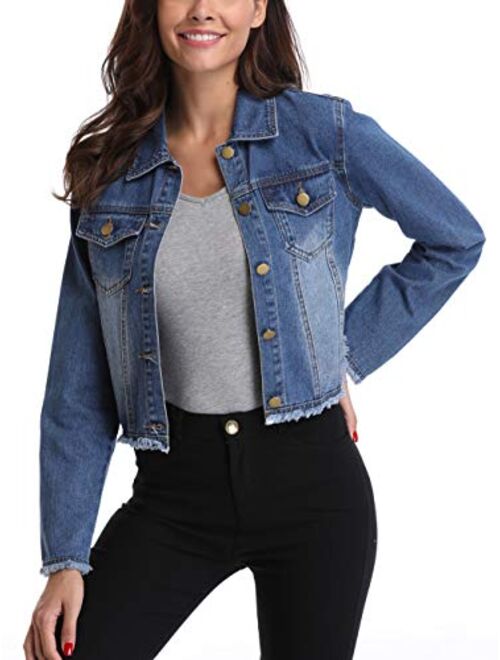 MISS MOLY Womens Cropped Denim Jacket Frayed Washed Button Up Casual Jean Jacket Vest w 2 Side Pockets