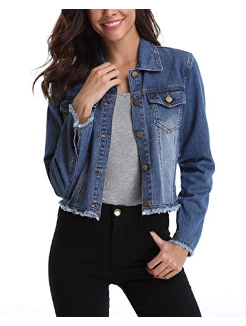 MISS MOLY Womens Cropped Denim Jacket Frayed Washed Button Up Casual Jean Jacket Vest w 2 Side Pockets