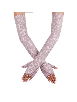 JISEN Women Long Sunscreen Gloves Lace Floral Half Finger Outdoor Arm Sleeves