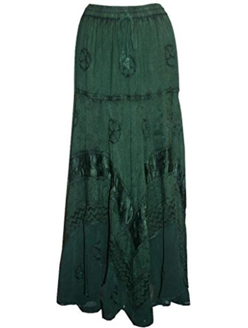 Agan Traders 704 SK Women's Elastic Waistband Flare Hem Dancing Embroidered Twirl Long Renaissance Maxi Skirt