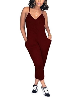 Deloreva Women Casual Jumpsuit Sleeveless Strap V Neck One Piece Romper Harem Pants Playsuit Overalls