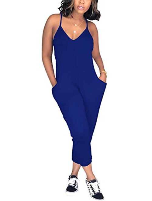 Deloreva Women Casual Jumpsuit Sleeveless Strap V Neck One Piece Romper Harem Pants Playsuit Overalls