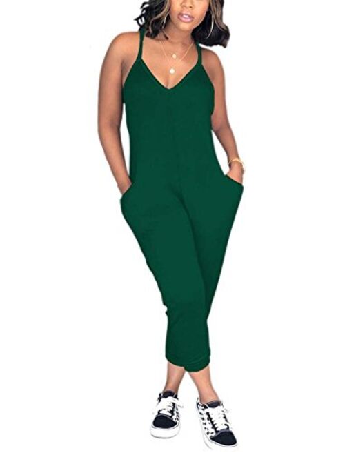 Deloreva Women Casual Jumpsuit Sleeveless Strap V Neck One Piece Romper Harem Pants Playsuit Overalls