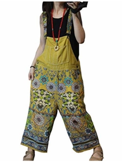 Flygo Women's Loose Baggy Cotton Wide Leg Drop Crotch Printed Bib Overalls Jumpsuit Rompers